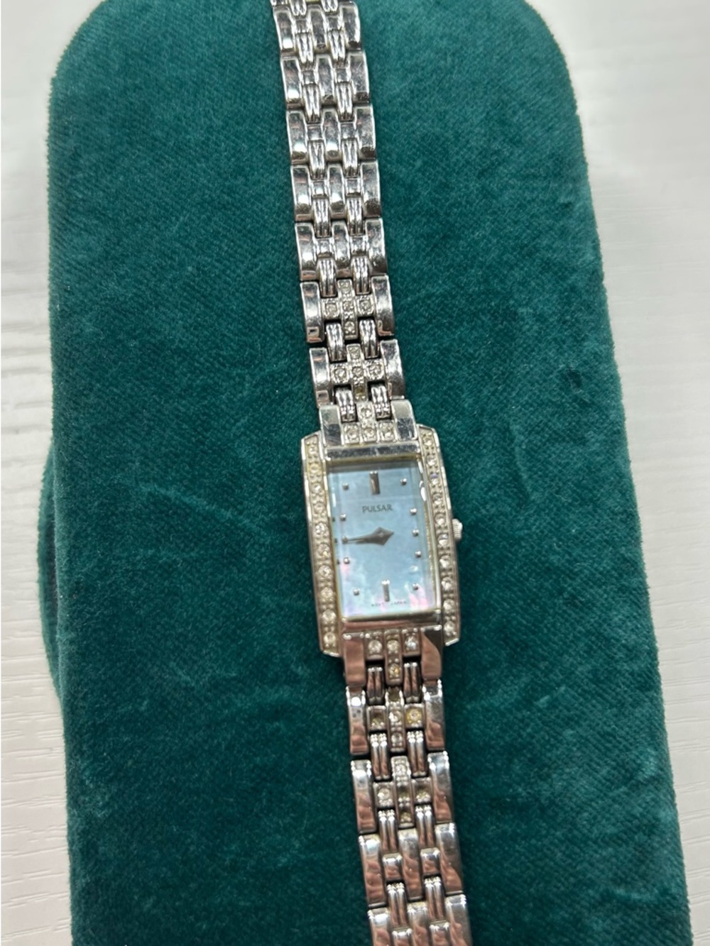 VINTAGE Pulsar Women's Silver Crystal-Accent Rectangle Bracelet Watch